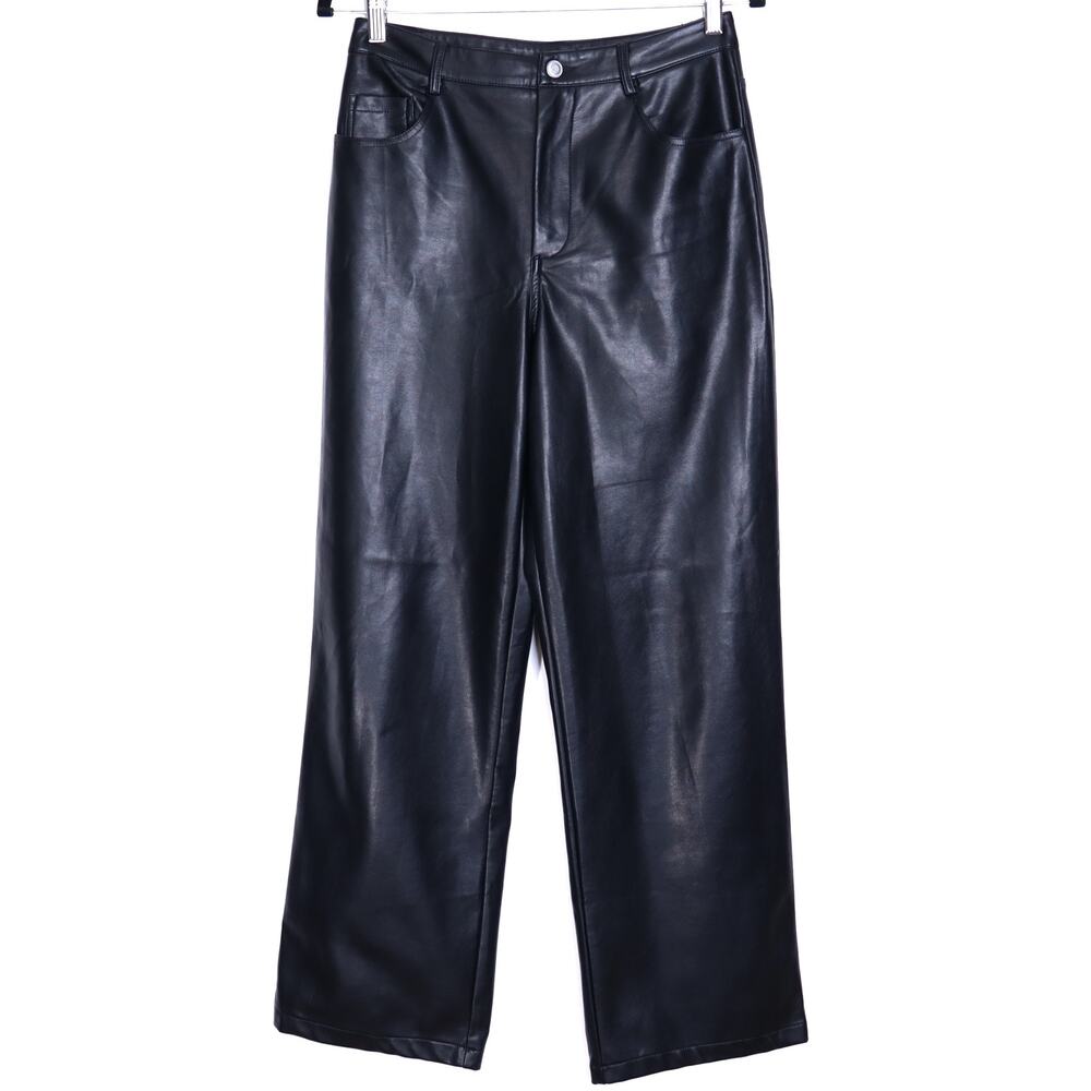 LULUS Sleek Vibe Vegan Leather Pants Black High-Rise Straight Leg Women's M